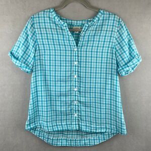 LL Bean Wmns Turquoise Gingham Cotton Button Front Short Sleeve Cottage Top S